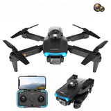 Quadcopter drone with dual camera, blue lights, and remote controller