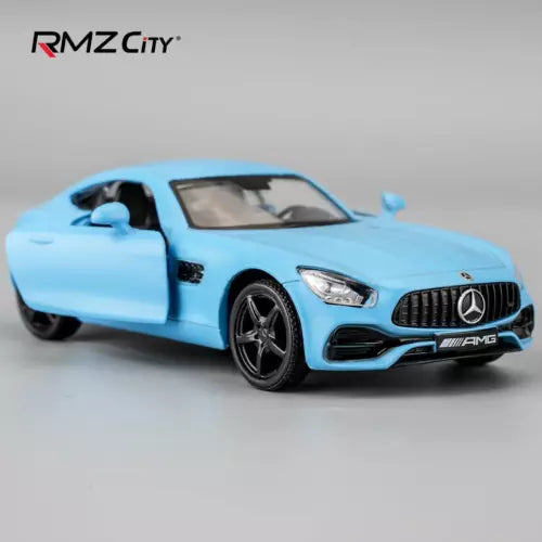 Blue diecast alloy model toy car with AMG front grille and detailed headlights