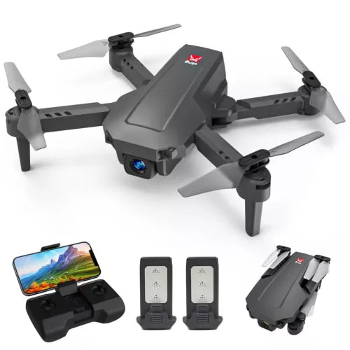Mini foldable quadcopter drone with propellers and front camera, dark gray