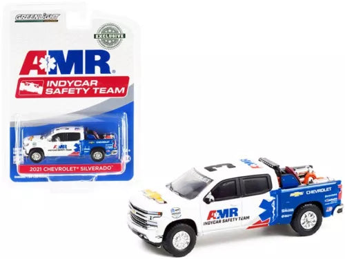 Diecast pickup truck, white with blue AMR decals and roof light bar