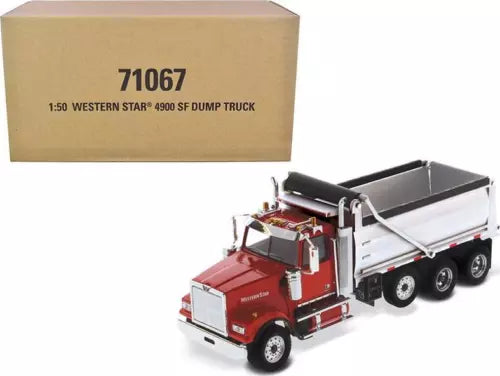 Red and silver diecast dump truck model with raised bed, 1:50 scale