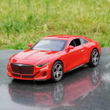Red 1/32 diecast luxury car model, chrome grille, front headlights.
