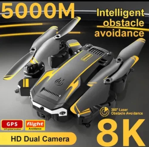 Quadcopter drone with dual cameras, grey body and yellow accents, four propellers