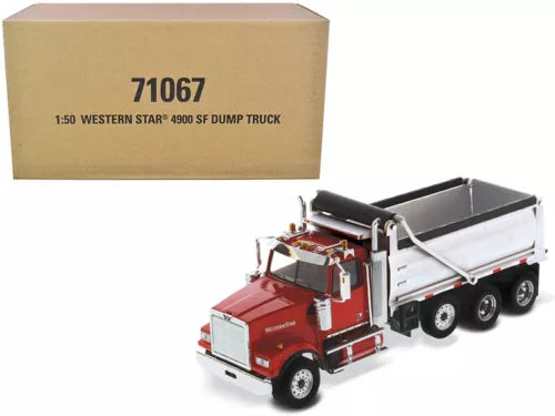 Red and white 1:50 diecast dump truck with open bed and black accents