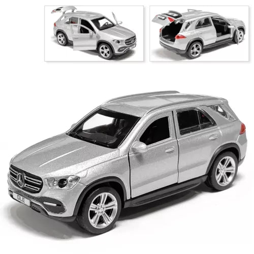 Matte silver metal diecast SUV model car with open windows and five-spoke wheels