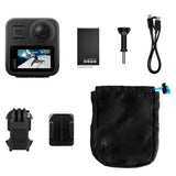 Black action camera kit with screen, mounts, cable, and storage pouch