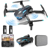 Foldable FPV quadcopter drone with blue LEDs, shown with remote controller and case
