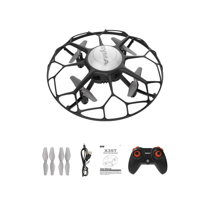 Mini RC UFO quadcopter drone, shown from above with controller, propellers, and manual