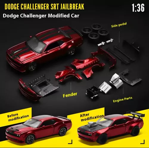 Red 1:36 modified diecast model sports car with engine and fender parts