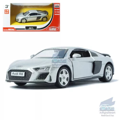 Silver Audi R8 coupe diecast model car with black side panel, front 3/4 view