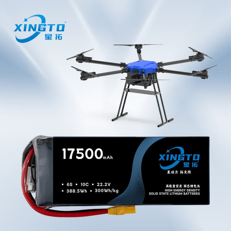 Li-ion drone battery pack with red and black wiring, black case with blue ends
