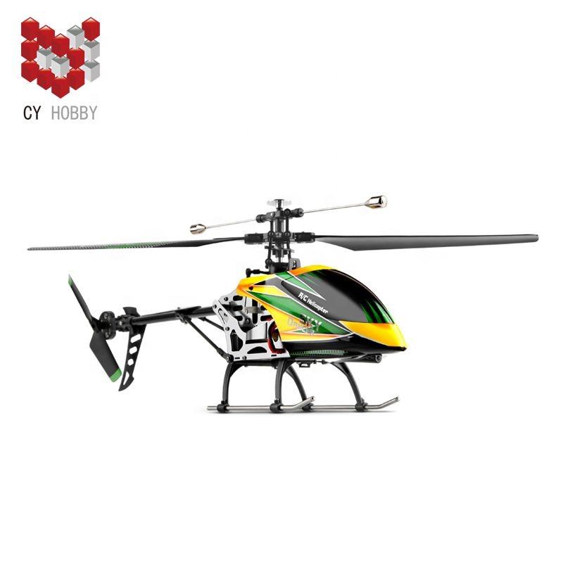 Yellow and green RC helicopter drone with black skids and main rotor