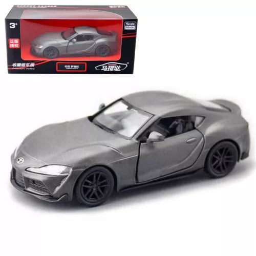 1:36 scale gray diecast toy sports car model, front 3/4 view with black wheels