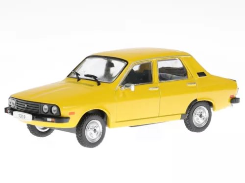 Yellow diecast model car with black grille, front three-quarter view