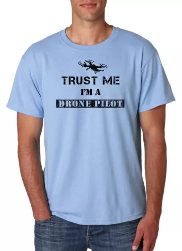 Light blue drone pilot T-shirt with black text and small drone graphic