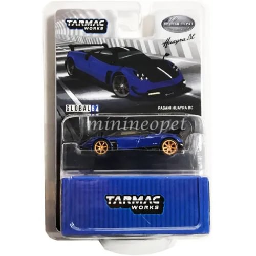 Blue diecast model car in clear blister pack with TARMAC Works branding