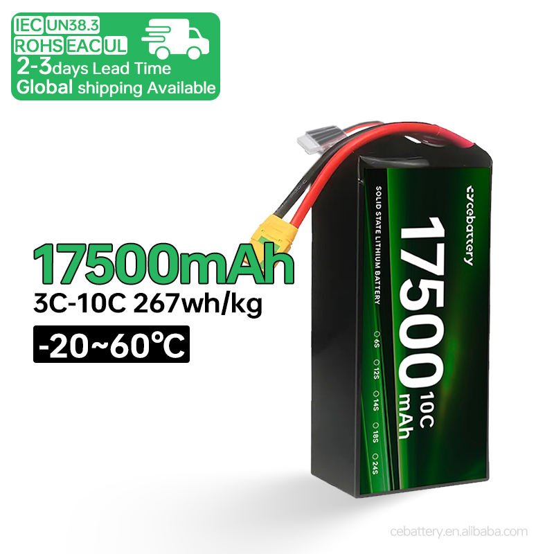Lithium-ion drone battery pack, 17500mAh, black with red leads and green label