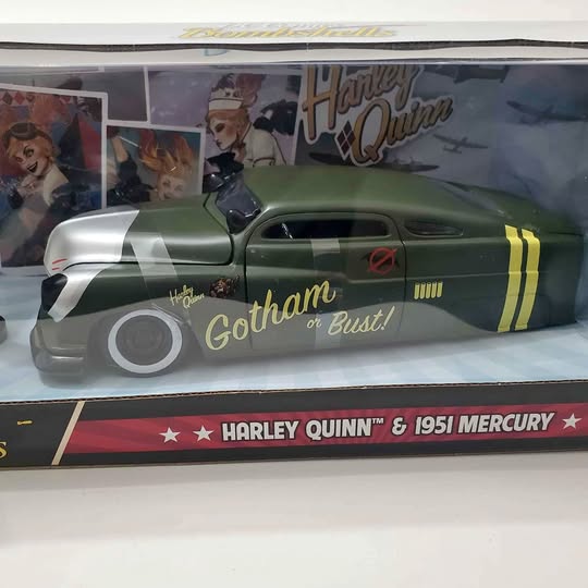 Green and black diecast car model with Gotham lettering and Harley Quinn graphics