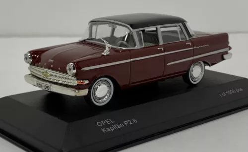 1/43 diecast Opel Kapitn P2.6 maroon model car with chrome details