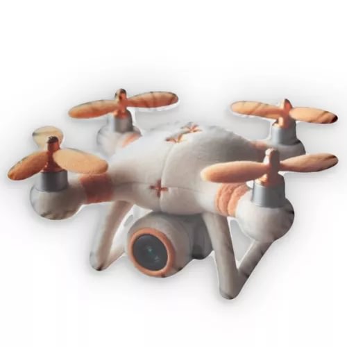 Drone-shaped plush pillow with grey body and orange propeller arms, stitched details.
