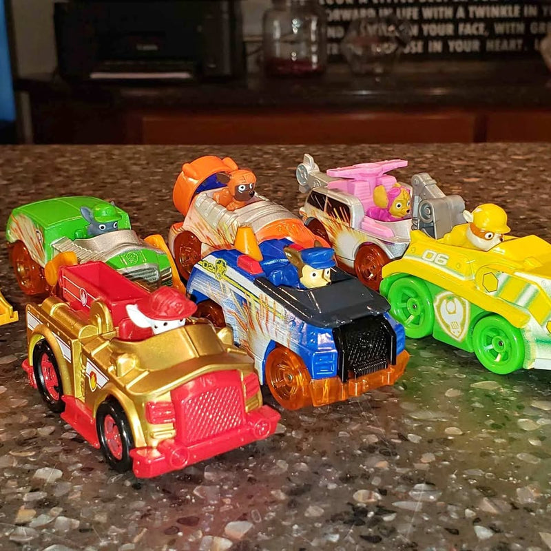 Diecast toy cars set of 7 with assorted colorful vehicles, including a green racer and yellow truck