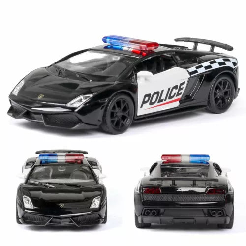 Black diecast police car model toy with roof lightbar and POLICE side text