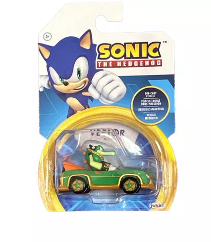 Green and orange monster diecast car with character figure, Sonic-themed packaging