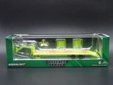 Lime green gooseneck car trailer diecast toy in retail box with hitch