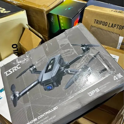 Foldable drone in retail box with controller graphic and camera lens