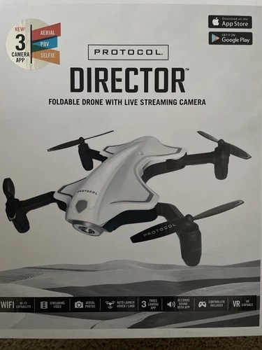 Foldable live-streaming drone with white body and four propellers