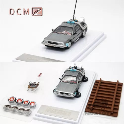 Grey diecast model time machine car with blue accents and display base