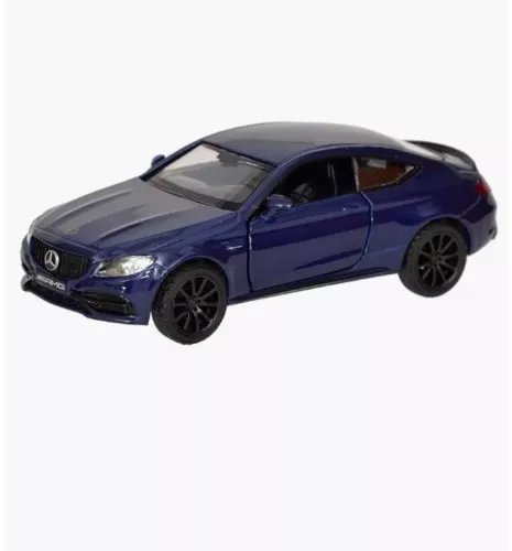 Blue diecast AMG C63 S coupe model car, 1/36 scale, front 3/4 view