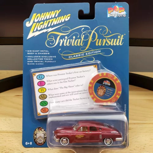 Trivial Pursuit diecast car blister pack with red Tucker Torpedo model and logo card