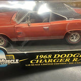1/18 diecast muscle car, orange two-door with chrome wheels, side view
