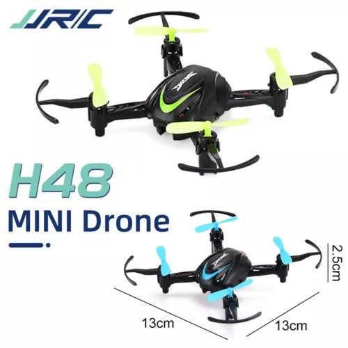 Mini RC quadcopter drone with 4 propellers, shown in green and blue versions
