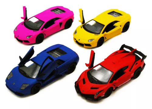 1/36 Lamborghini diecast car toy set, four cars in pink, yellow, blue, and red