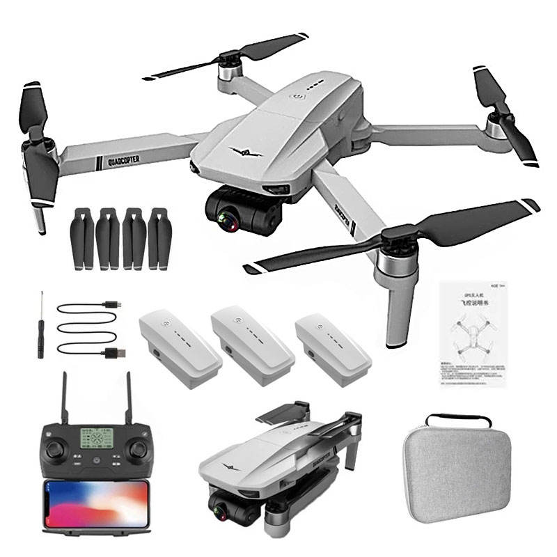 Foldable quadcopter drone with 4K camera and 2-axis gimbal, plus controller and accessories kit