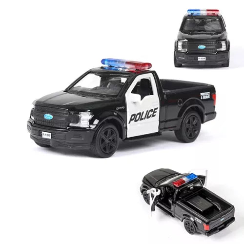 Diecast police car model in black and white with blue/red roof lights and openable doors