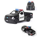 Diecast police car model in black and white with blue/red roof lights and openable doors