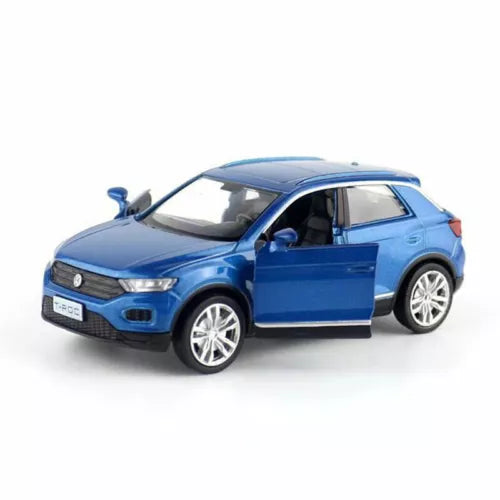 Blue diecast SUV model car with open driver door, pull-back toy, 1:36 scale