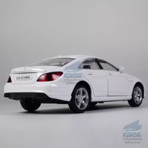 Mercedes-Benz CLS63 AMG diecast model car, white alloy toy, rear 3/4 view