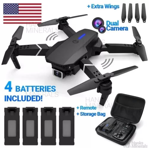 Foldable quadcopter drone with dual camera, four included batteries, and storage bag