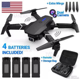 Foldable quadcopter drone with dual camera, four included batteries, and storage bag