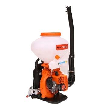 Backpack mist duster power sprayer with white tank, orange engine, and black hose wand