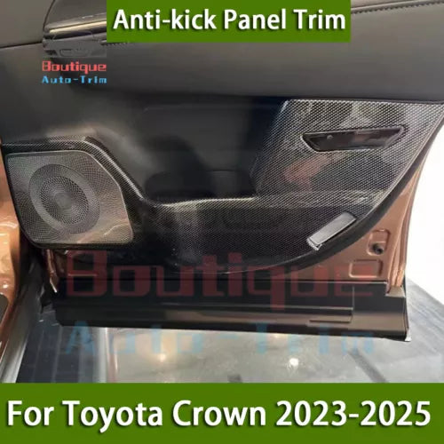Anti-kick panel trim with textured speaker grille and handle cutout, dark gray