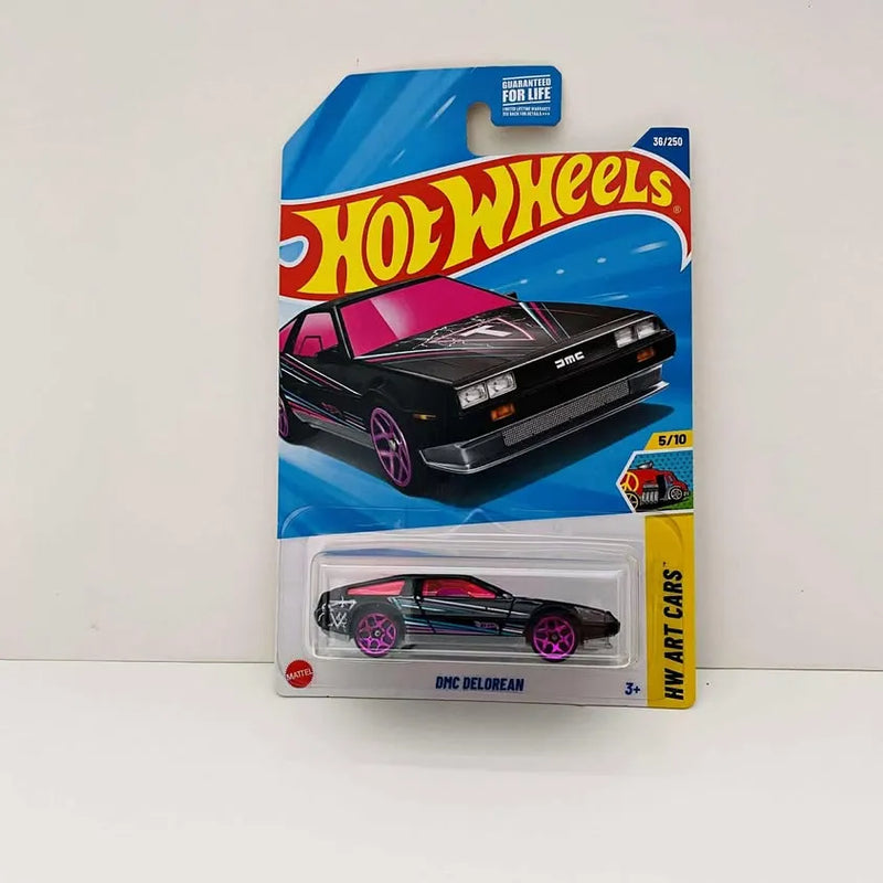 Black and pink diecast car in retail blister pack, HW Art Cars style