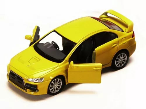 Yellow diecast model car with front doors open, front three-quarter view