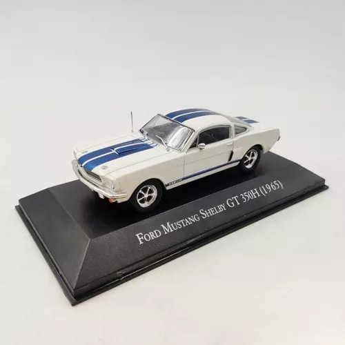 1:43 diecast car model of a white Ford Mustang Shelby GT350H with blue racing stripes