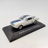 1:43 diecast car model of a white Ford Mustang Shelby GT350H with blue racing stripes