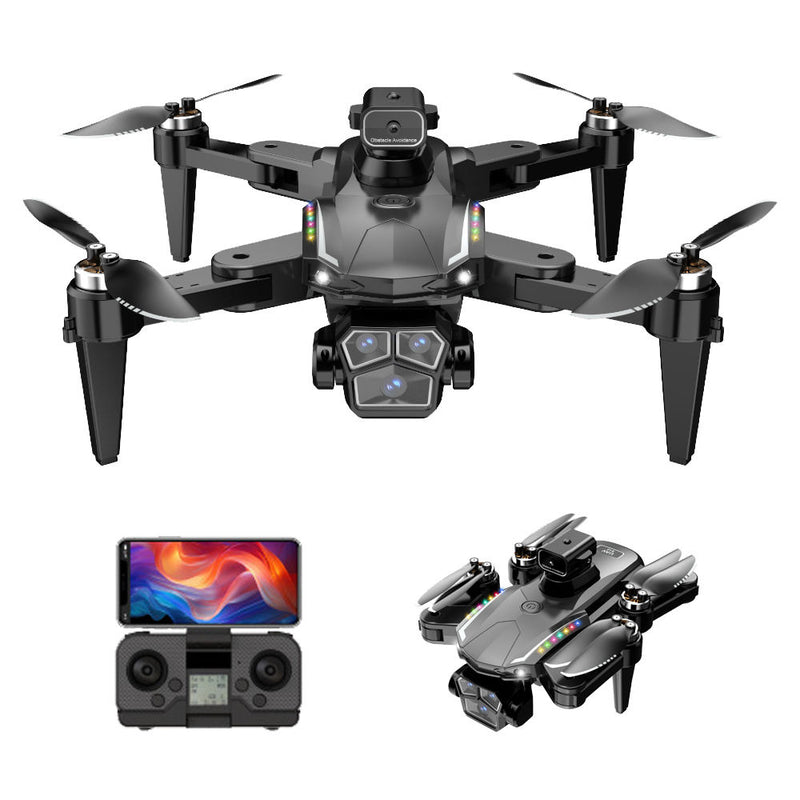 Mini quadcopter drone with front camera and four propellers, plus remote controller and screen